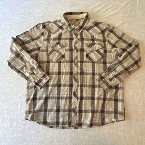 Roebuck & Co Mens XXL Western Snap Shirt 100% Cotton Long Sleeve Brown Plaid - Picture 2 of 8
